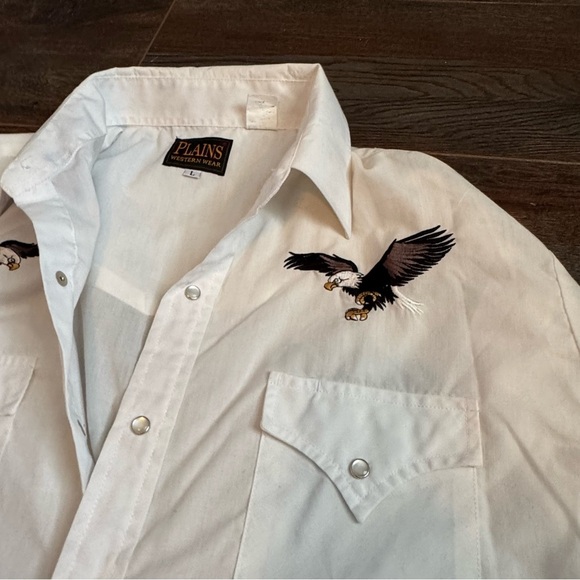 1990s Men’s White Pearl Snap Plain’s Western Wear Eagle Embroidered Dress Shirt - Picture 2 of 6